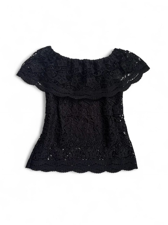 Soapberry Tops - whimsygoth black crochet lace off the shoulder top ❀